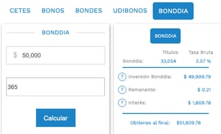 Calculadora de Cetesdirecto, mostrando inversión con Bonddia