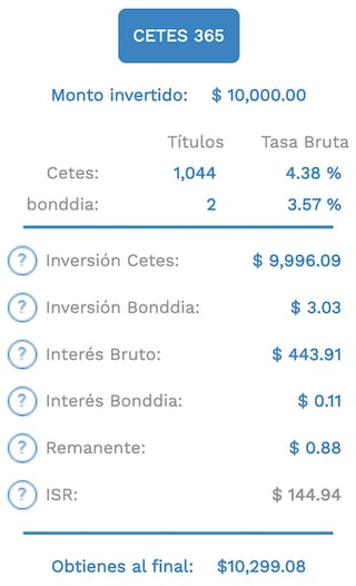 Calculadora de rendimientos de Cetes a 1 año.