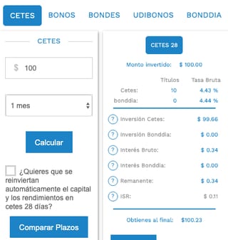 Calculadora de rendimientos de Cetesdirecto