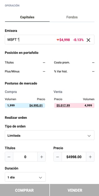 Sección de compra y venta en GBM+ versión web