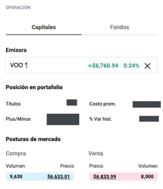 Captura de pantalla de sección de compra y venta en GBM+. Se muestran volúmenes altos en el ETF VOO.