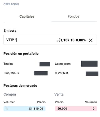 Captura de pantalla de sección de compra y venta en GBM+. Volumen de compra en 1 y volumen de venta en 0 para ETF VTIP.