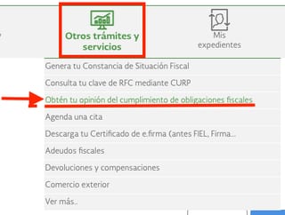 Menú del SAT para obtener la opinión de cumplimiento de obligaciones fiscales.